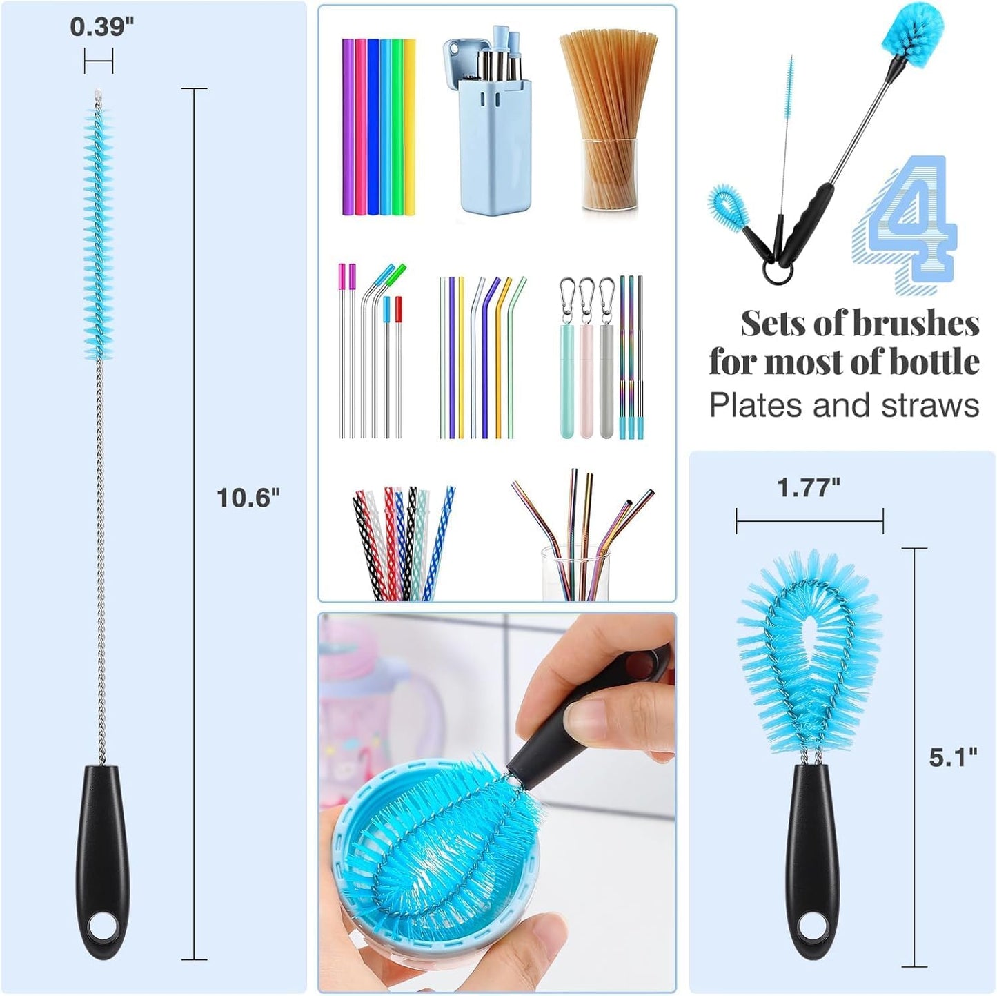 UNIFUN Water Bottle Brush Set, Long Handle 3-in-1 Stainless Steel Water Bottle Scrubbing Brush, Cleaning for Narrow Neck Bottles, Sport Bottles, Baby Bottles, Coffee Mugs, Tumblers, Flask(Short Size)