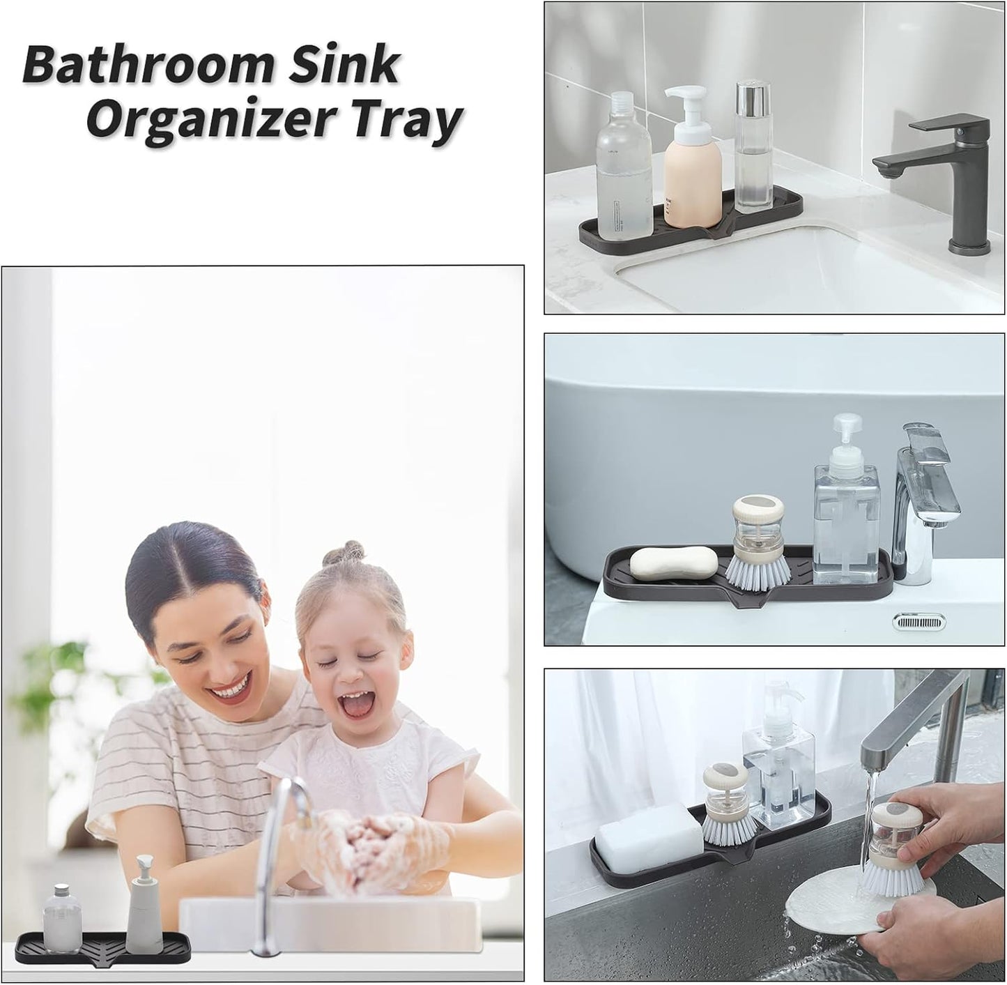 MicoYang Silicone Bathroom Soap Dishes with Drain Spout-Bathroom and Kitchen Sink Organizer,Sponge Holder,Dish Soap Tray,Perfect for Dispenser,Scrubber,Bottle,Cup on Sink or Counter-Black 4.9"×3.2"