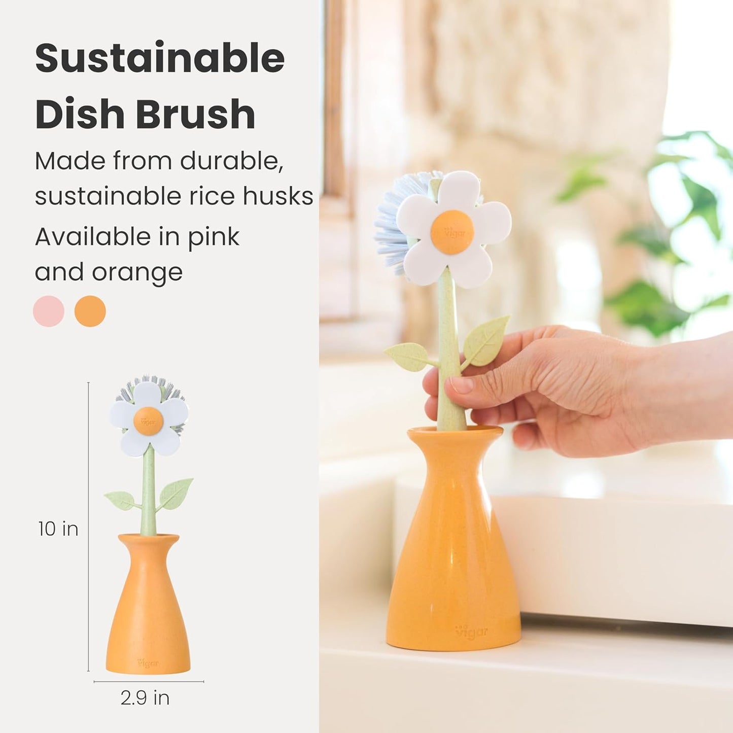 Vigar Florganic Daisy-Shaped Dish Brush with Vase Dish Brush Holder, Dish Brush with Handle, for Pot Scrubber, Kitchen Dishes, and Sink Cleaning, Pink