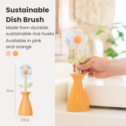 Vigar Florganic Daisy-Shaped Dish Brush with Vase Dish Brush Holder, Dish Brush with Handle, for Pot Scrubber, Kitchen Dishes, and Sink Cleaning, Pink
