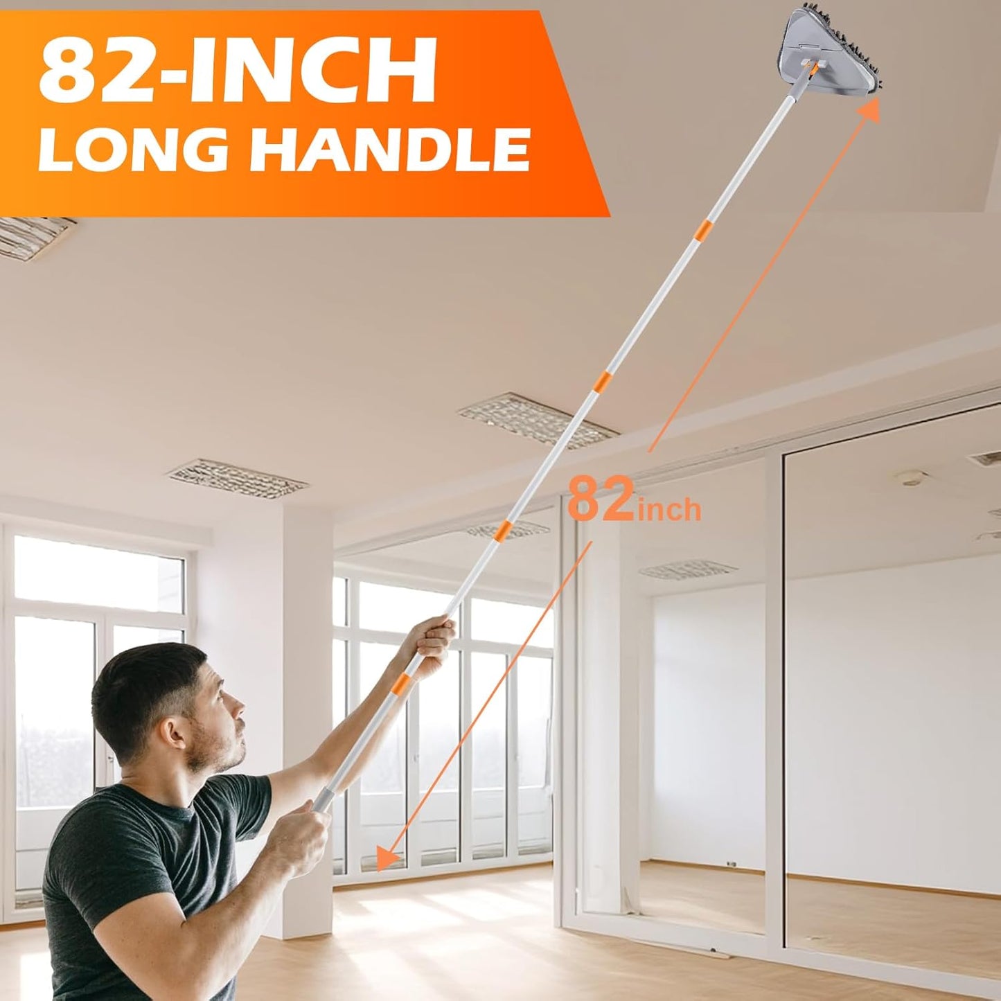 Wall Cleaner Triangle Mop with 82'' Long Handle - Wall Scrubber, Cleaning Washer Tool with 4 Microfiber Chenille Duster Pads for Clean Walls, Ceiling, Windows, Baseboards, Floors (Green, 4 Pads)