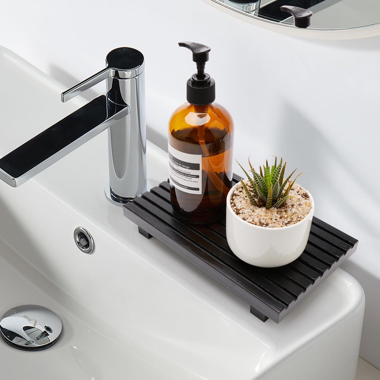 Renawe Small Kitchen Sink Soap Tray for Counter Soap Dish Dispenser Holder Wooden Risers Stand for Bathroom Decor Farmhouse Wood Pedestal Kitchen Accessories Countertop Vanity Counter Decorative Tray