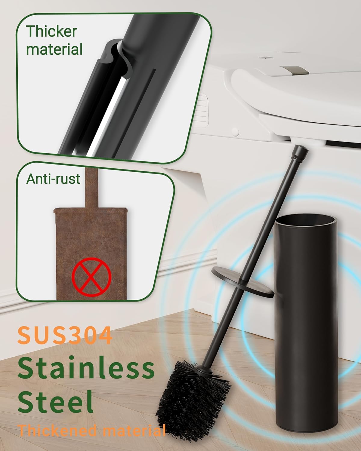 Toilet Brush and Holder Set, Toilet Bowl Brush for Bathroom with Long Handle, Stainless Steel Toilet Cleaner Brush with Durable Scrubbing Bristles,Splash-Proof (Brushed Nickel)