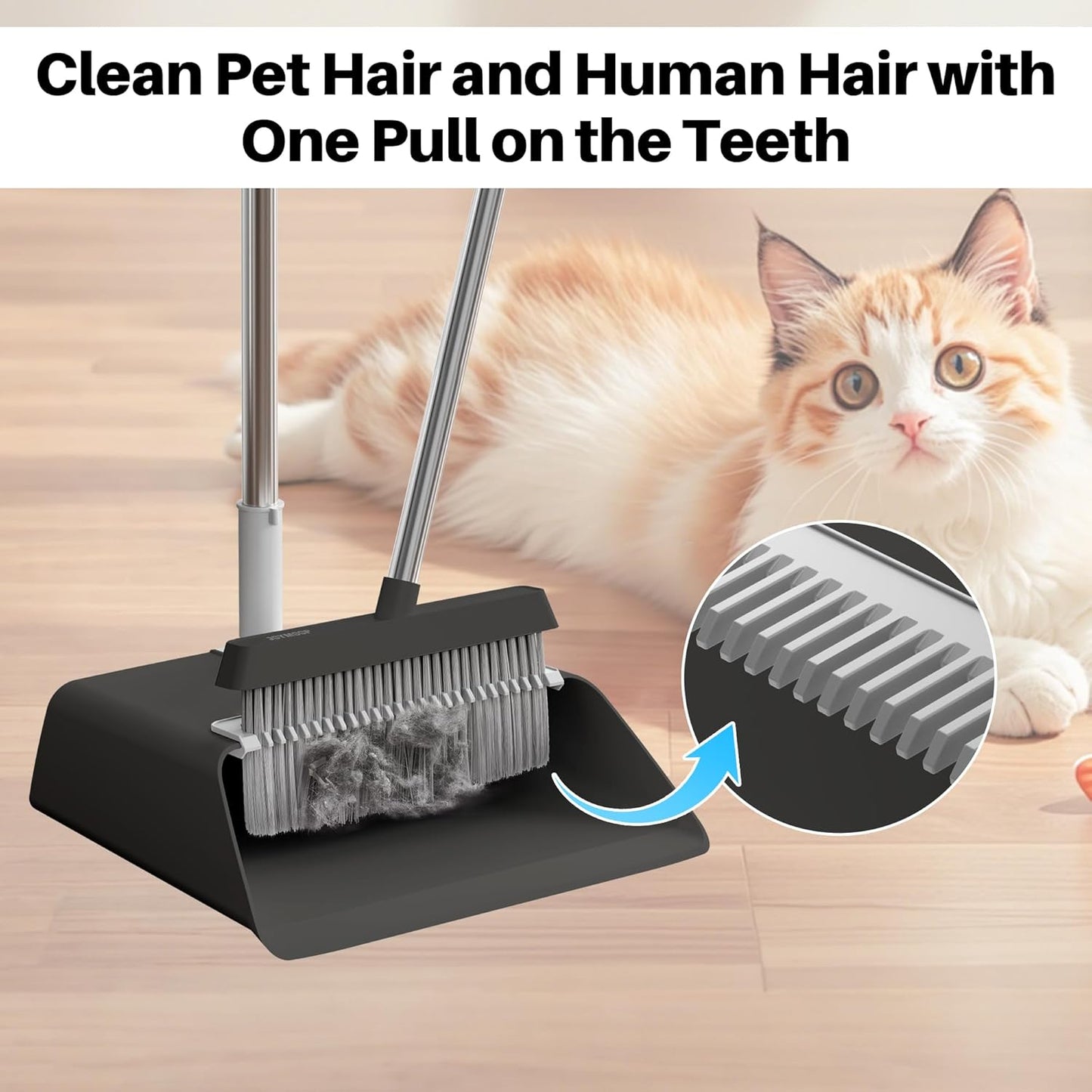 JOYMOOP White Broom and Dustpan Set, Upright Angle Design with Built-in Comb Teeth for Kitchen, Office, Pet Hair, Hard Floors