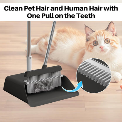 JOYMOOP White Broom and Dustpan Set, Upright Angle Design with Built-in Comb Teeth for Kitchen, Office, Pet Hair, Hard Floors