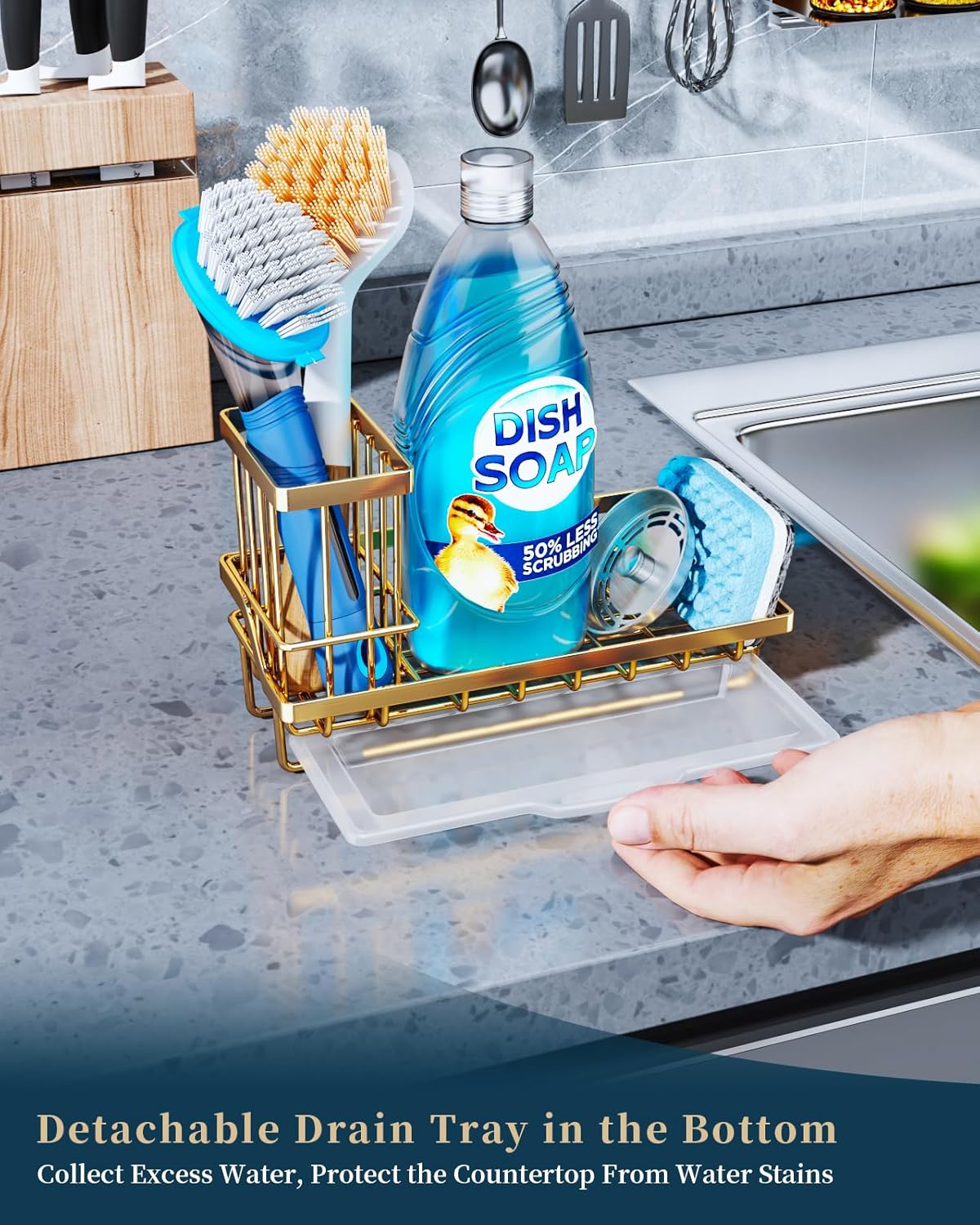 Consumest Sink Caddy, Kitchen Sponge Holder with Dish Brush Holder, Kitchen Organizer with Drip Tray for Countertop, Stainless Steel Rustproof - Silver