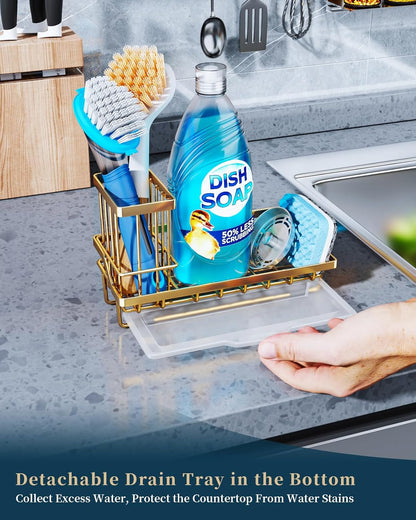Consumest Sink Caddy, Kitchen Sponge Holder with Dish Brush Holder, Kitchen Organizer with Drip Tray for Countertop, Stainless Steel Rustproof - Silver