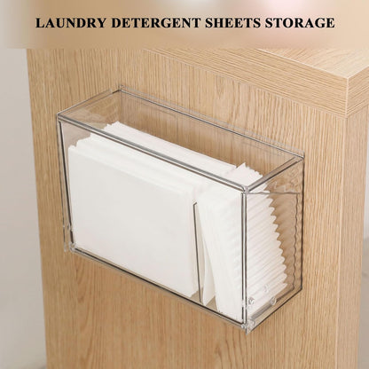 Clear Dishwasher Detergent Dispenser Holder, Large Adhesive Under Sink Door Storage and Organizer for Kitchen and Bathroom, Plastic Laundry Pods Box