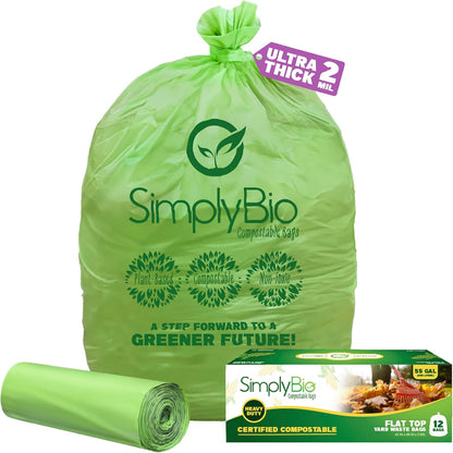 Simply Bio 60-65 Gallon Compostable Trash Bags Liners Flat-Top, Heavy Duty Extra Thick 2 Mil, 242.27 Liter, 12 Bags, Lawn, Yard, and Restaurant Use, ASTM D6400, US BPI, OK Compost Home Certified