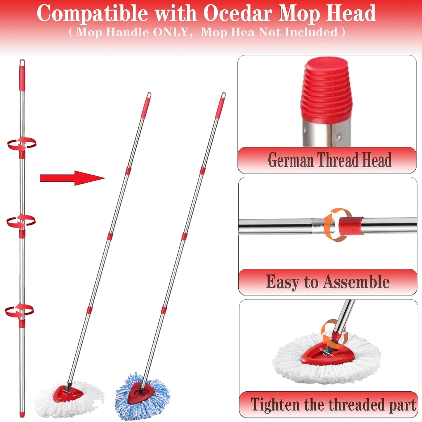 Spin Mop Replacement Head Mop Replace Head Compatible with O Cedar EasyWring Spin Mop - 4 O-Ceda Mop Refills、30-58in Mop Handle and 1 Mop Base and 1 Mop Base Scrub Brush Combo Set