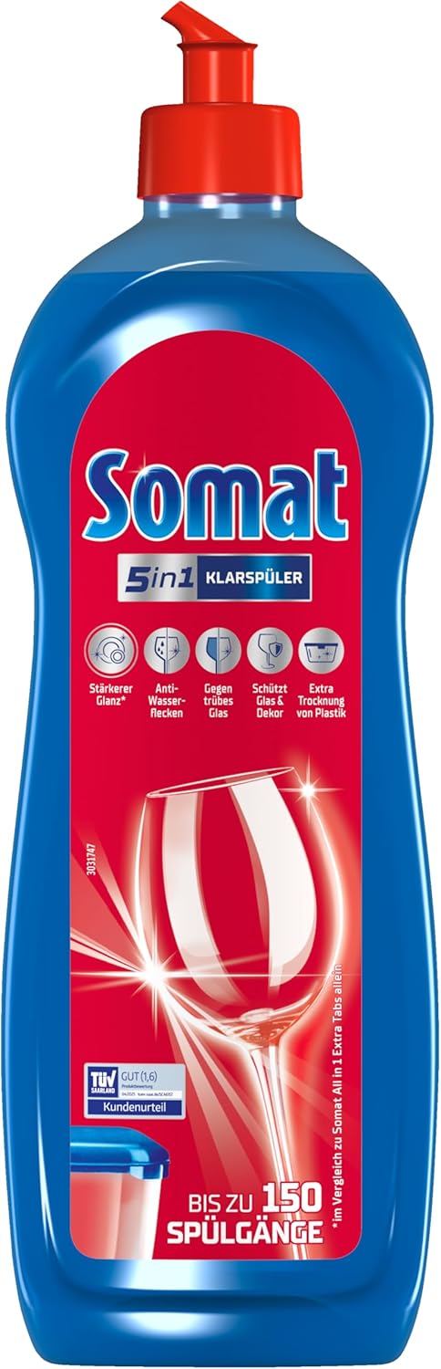 SOMAT 5-in-1 rinse aid (750 ml), detergent additive for quick drying, rinse aid for dishwasher gives brilliant shine on glasses, dishes and in the machine, up to 150 washes