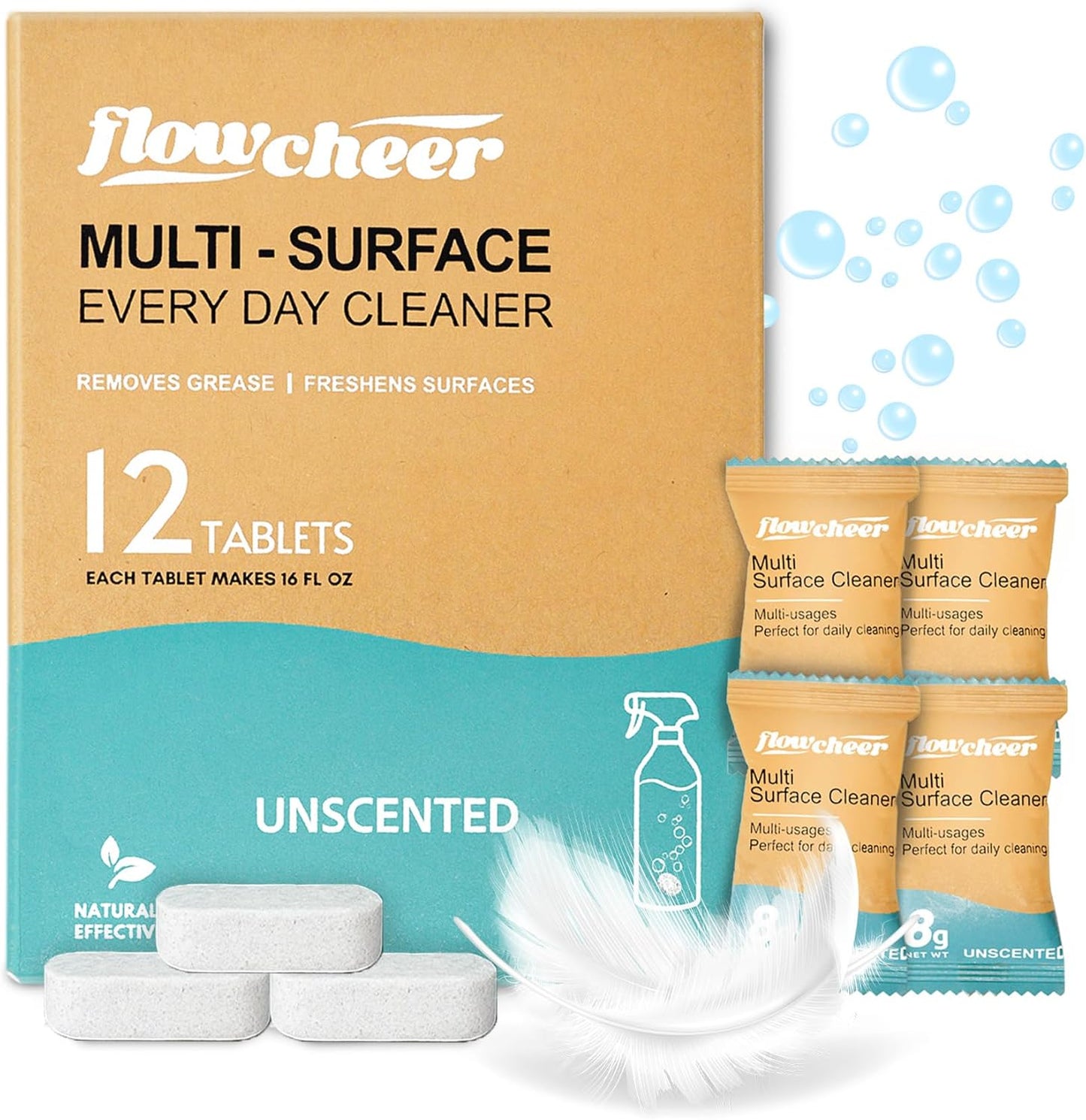 flowcheer Multi Surface Cleaner Refills -All Purpose Cleaning Tablets-Makes 192 fl oz(12 x 16 Fl oz) Bottles of Spray Cleaner for Household&Kitchen Cleaning-Lavender Scent(Not Included Bottles)