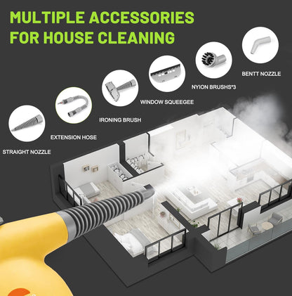 Handheld Steam Cleaner, Pressurized Multi-Surface Steam Shot with 13 Accessories, Safety Lock, Steamer for Cleaning Floor, Upholstery, Grout, Windows, Couch and Car (Yellow)