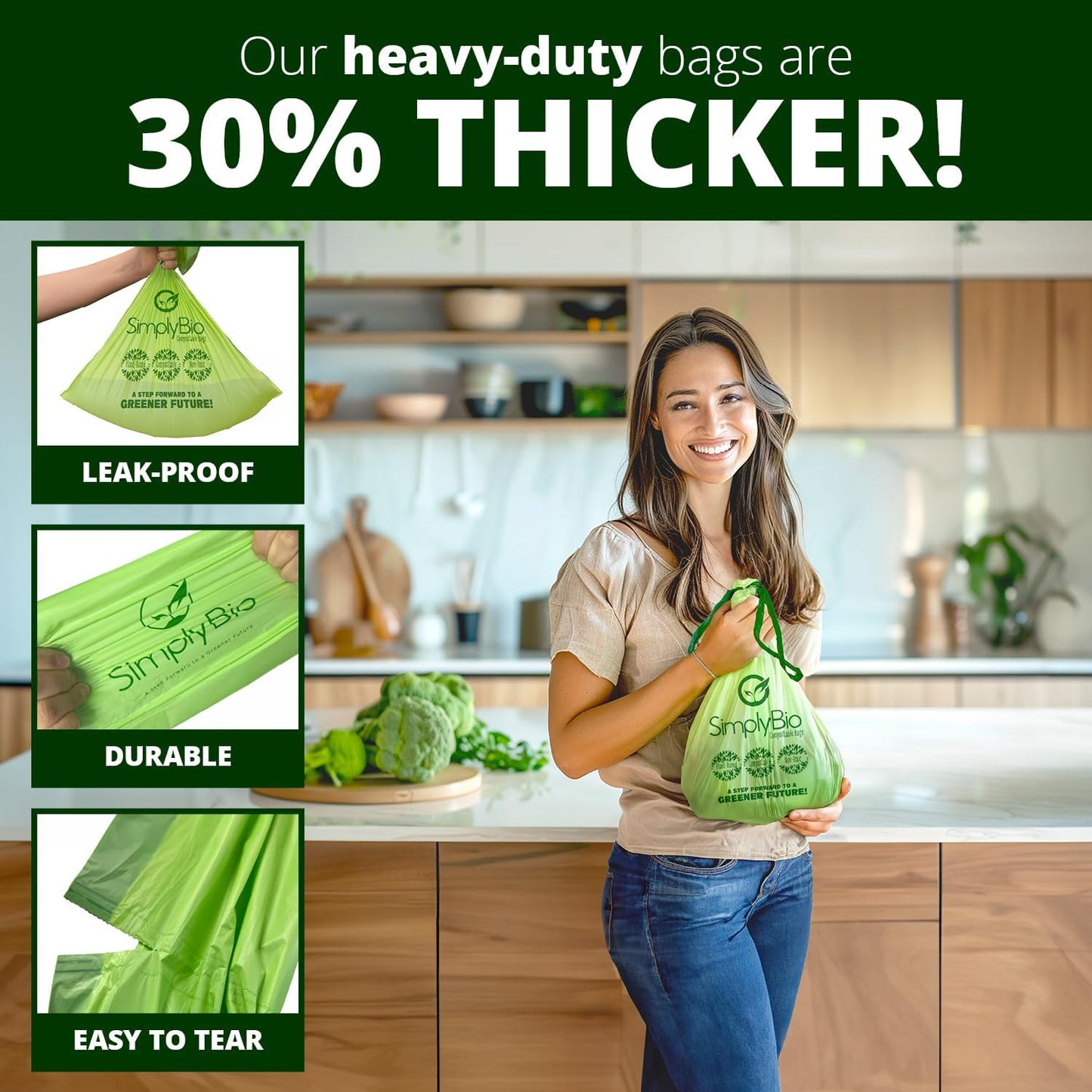 Simply Bio 13 Gallon Compostable Trash Bags Liners Drawstring, Heavy Duty Extra Thick 1 Mil, 49.21 Liter, 30 Bags, Tall Kitchen Food Scrap Waste Bag, ASTM D6400, US BPI and OK Compost Home Certified