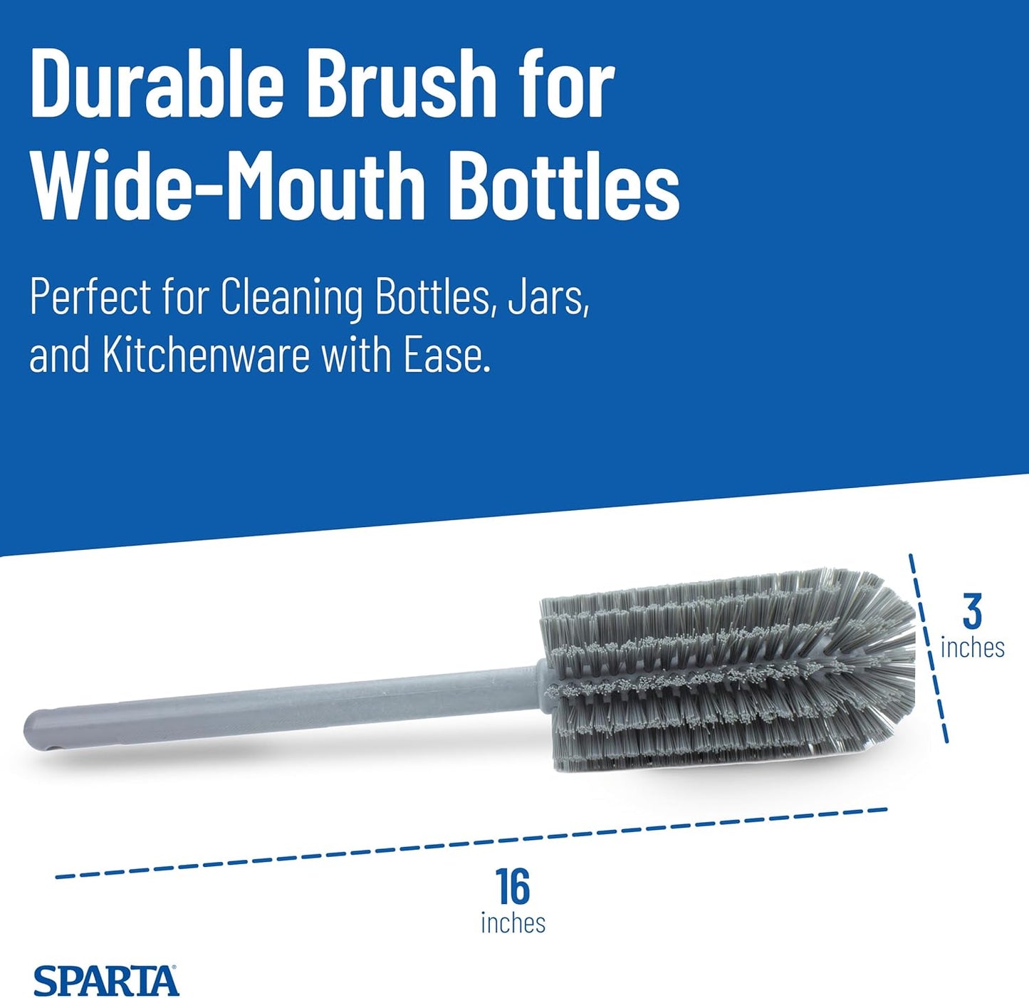 SPARTA Large Water Bottle Brush Ideal for Wide-Mouth Jars, Bottles and Tumblers, Dishwashing Tool with Handle for Home and Commercial Kitchens, Plastic, 12 Inches, White