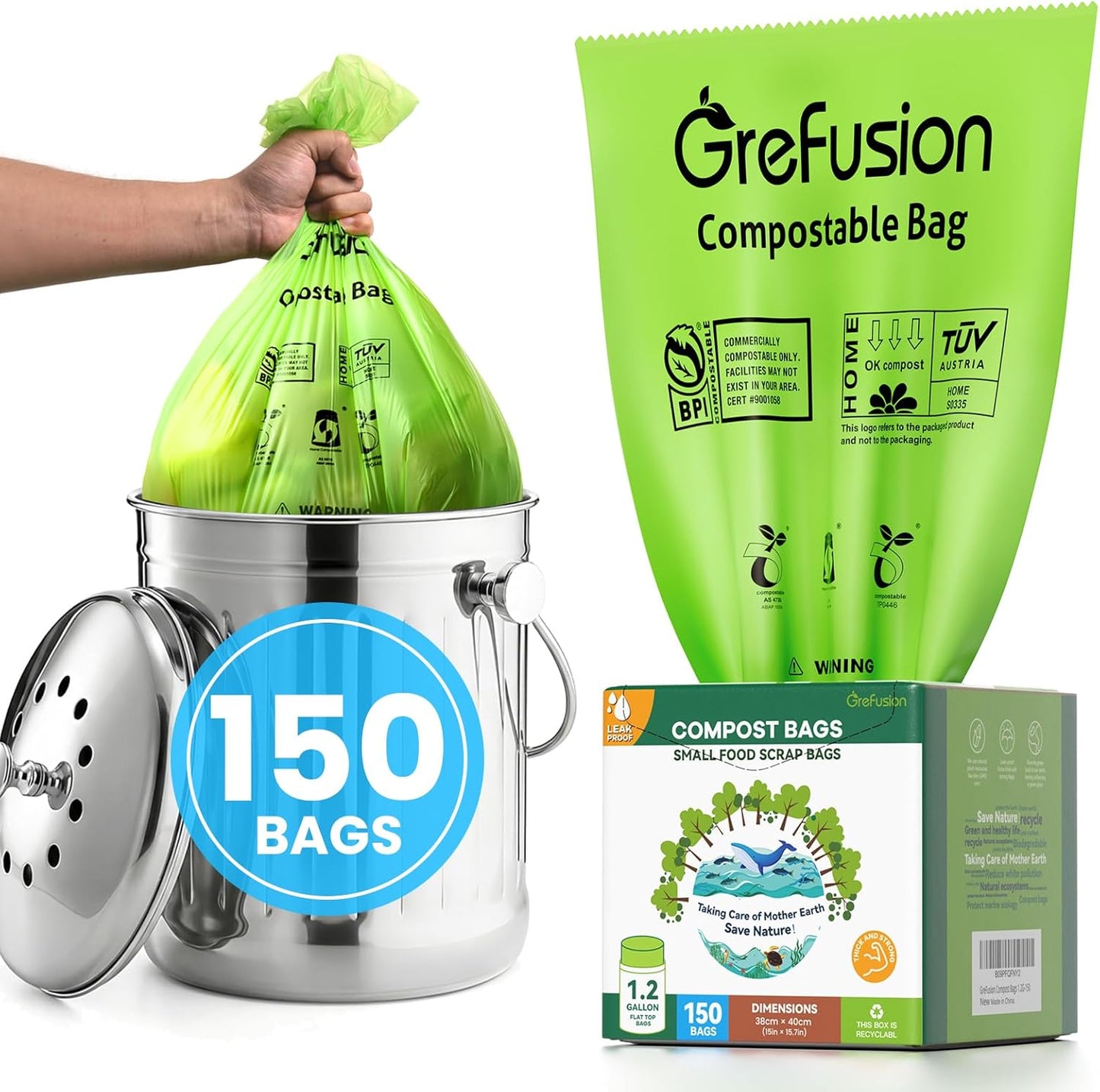 GreFusion Compostable Bags 1.2 Gallon,125 Count, Fits 0.75,1,1.2,1.3,1.6,1.8 Gallon Countertop Bin, Small compost bags, Certified by BPI, ASTM D6400 and OK Compost