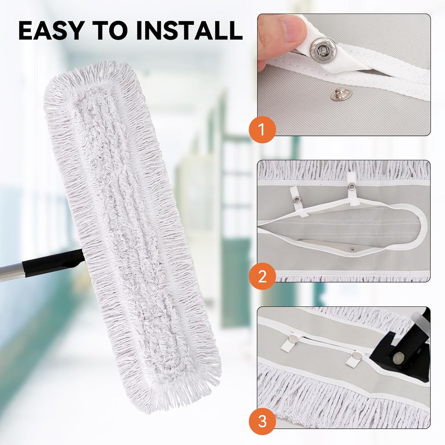 36 Inch Dust Mop Head: Replacement Medium Washable Commercial Mop Head Sweeper and Janitorial Replacement with Botton (White - 36 Inch, 3 Pack, Botton)