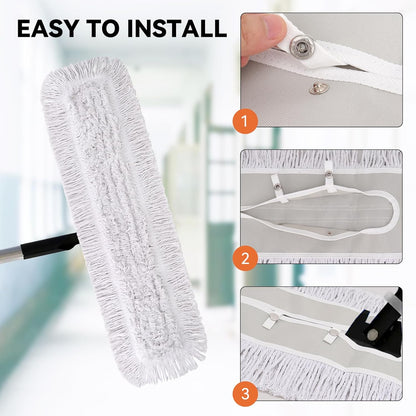 36 Inch Dust Mop Head: Replacement Medium Washable Commercial Mop Head Sweeper and Janitorial Replacement with Botton (White - 36 Inch, 3 Pack, Botton)