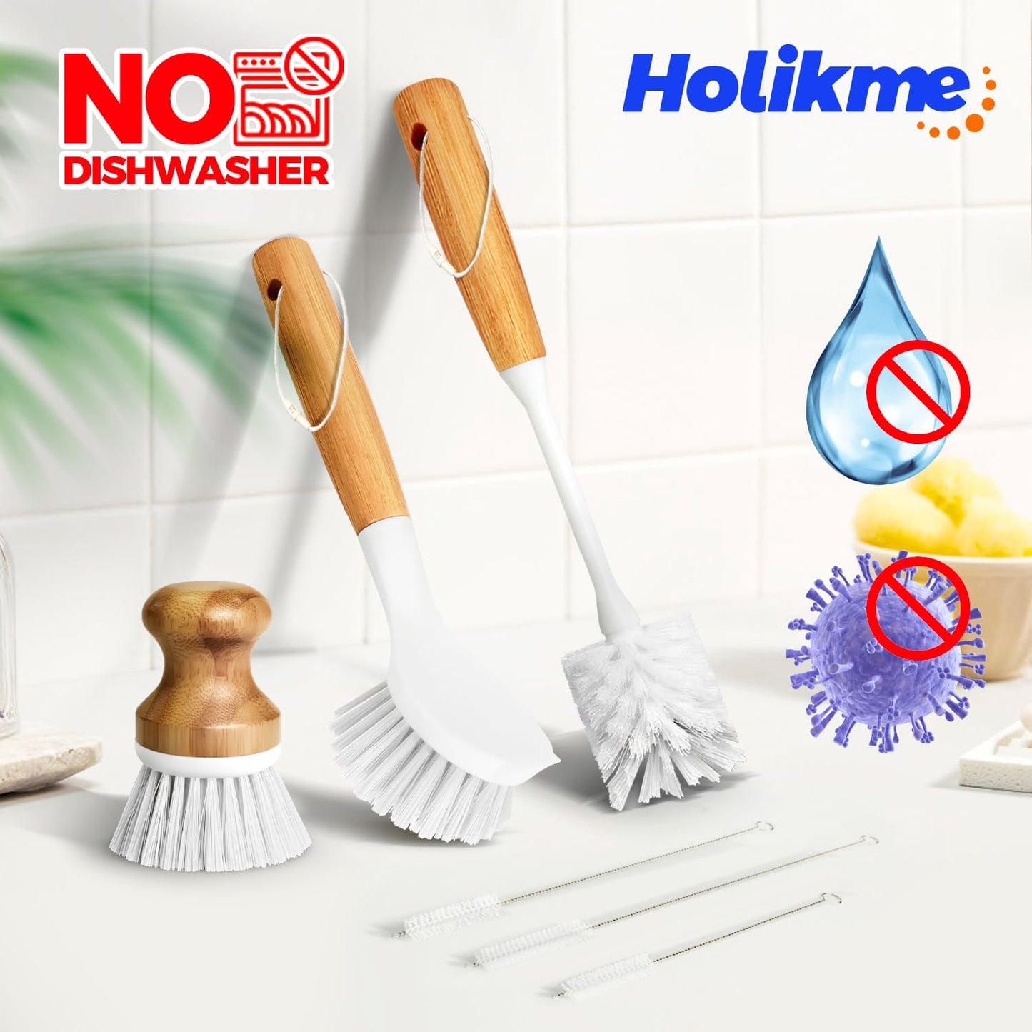 Holikme 6 Pack Dish Brush Scouring Pad Set with Bottle Brush, Dish Brush, Palm Scrub Brush and Straw Brush, Dish Scrubber Long Handle for Dish Bottle Cup Skillet Wok Pot Pan Cast Iron, Yellow