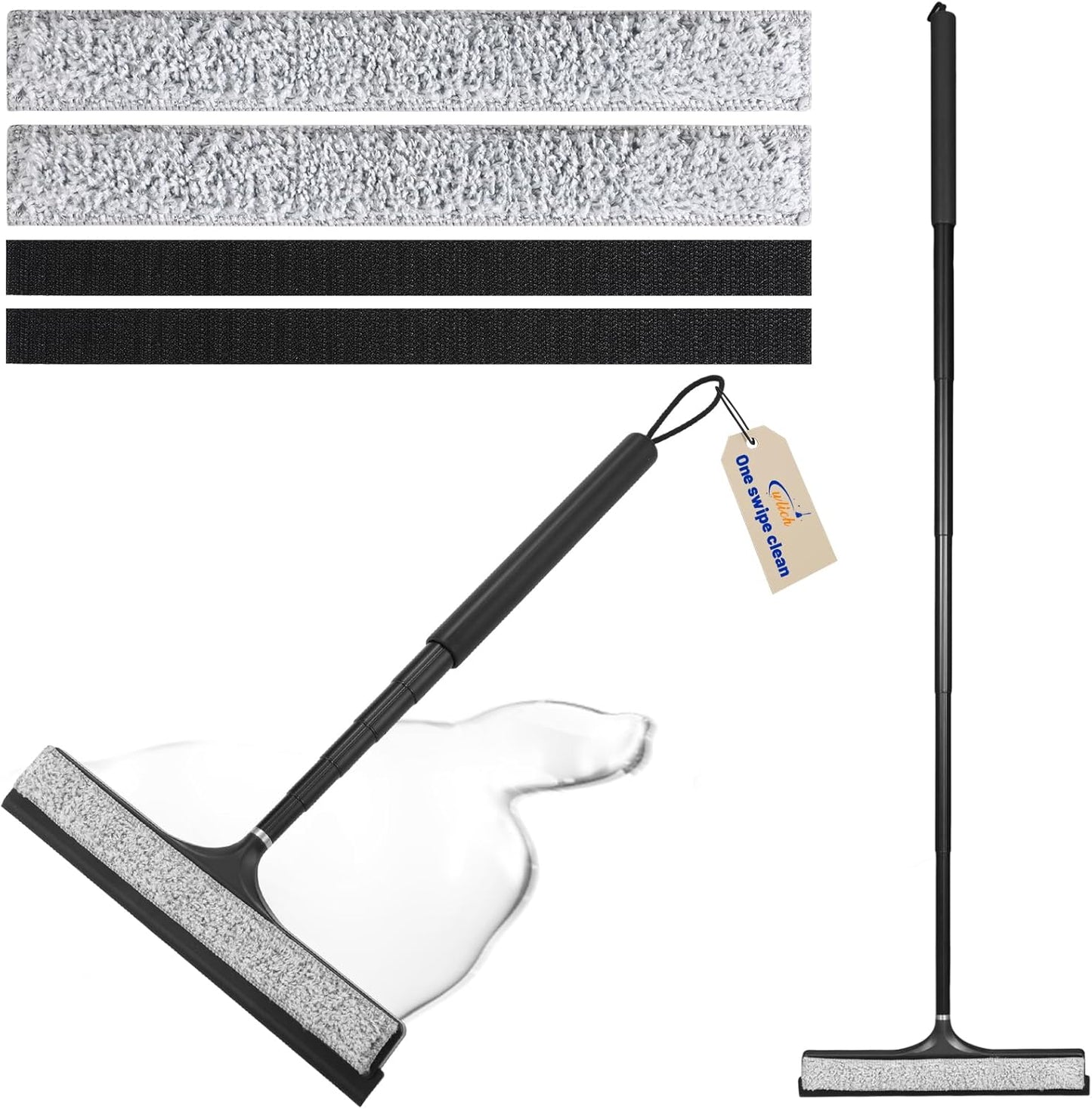 wlich Shower Squeegee with Long Handle, Telescoping Window and Floor Extendable Squeegee for Shower Glass, Bathroom Surfaces, Mirrors, and Smooth Floors, Includes Replaceable and Washable Cloth Pads