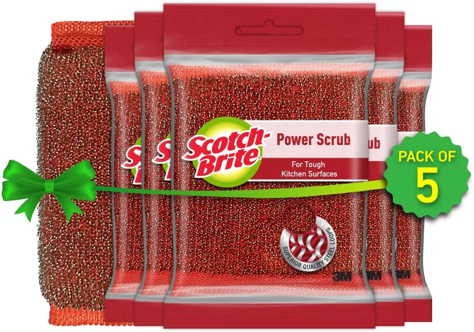 Scotch-Brite Power Scrub with Steel mesh for Utensil Cleaning- for Tough Stain Removal- Pack 5
