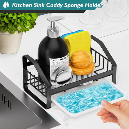 BSKSSK Sink Caddy, Sponge Holder for Kitchen Sink, Bathroom Sink Organizer, 304 Stainless Steel Kitchen Countertop Organizer Soap Tray with Removable Drain Tray-Black