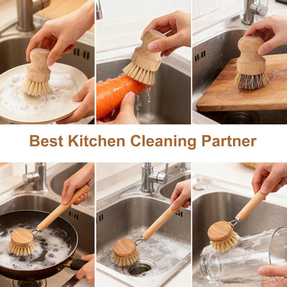 Bamboo Dish Brush Set, Natural Wooden Handle Dish Scrubber with 2PCS Mini Palm Brushes & Holders, Kitchen Brush with 1 Adhesive Hook for Pan Pots Dishes Vegetable