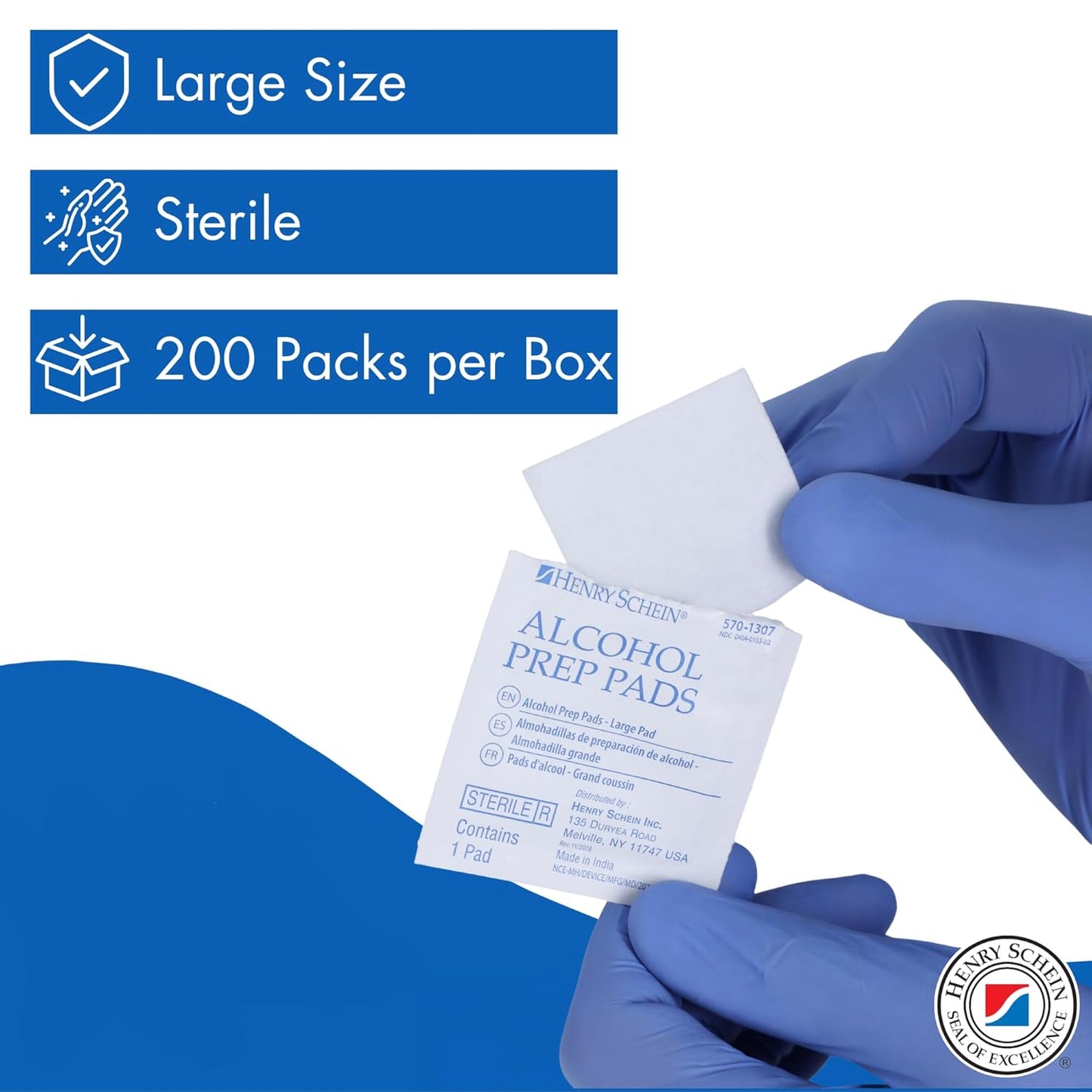 Henry Schein Large Alcohol Prep Pads (200/Box) - 70% Isopropyl Alcohol Wipes, Individually Wrapped - 2 ply, Textured - Skin Prep Alcohols Swabs - Sterile Pads