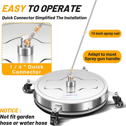 14" Pressure Washer Surface Cleaner with 4 Wheels - Stainless Steel Surface Cleaner for Pressure Washer Attachment for Concrete, Patio, Sidewalk, Deck and Driveways - PWS14