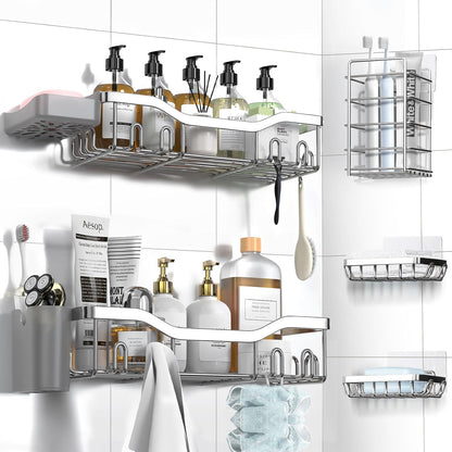 NESOMI Shower Caddy Adhesive Shower Organizer 7-Pack, Rustproof Stainless Steel Bathroom Shelves, Large Capacity No-Drill Rack Storage Accessories with Soap Dish Toothbrush Holder &24 Hooks Home Decor