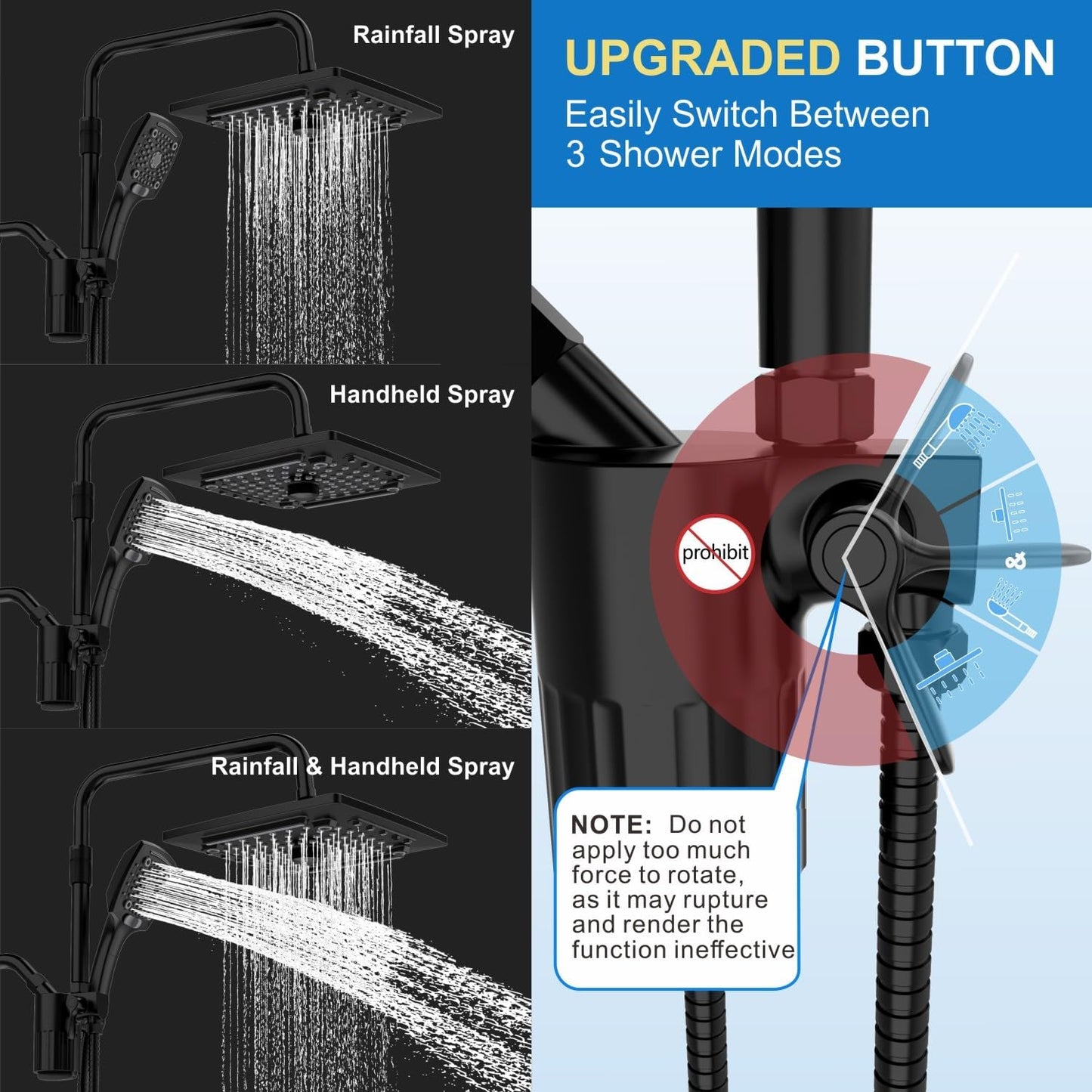 ELLO&ALLO Filtered Rain Shower Head with Handheld Spray, Rainfall Shower Head Combo with 59" Hose, Dual Showerhead Set with Adjustable Shower Extension Arm, Matte Black