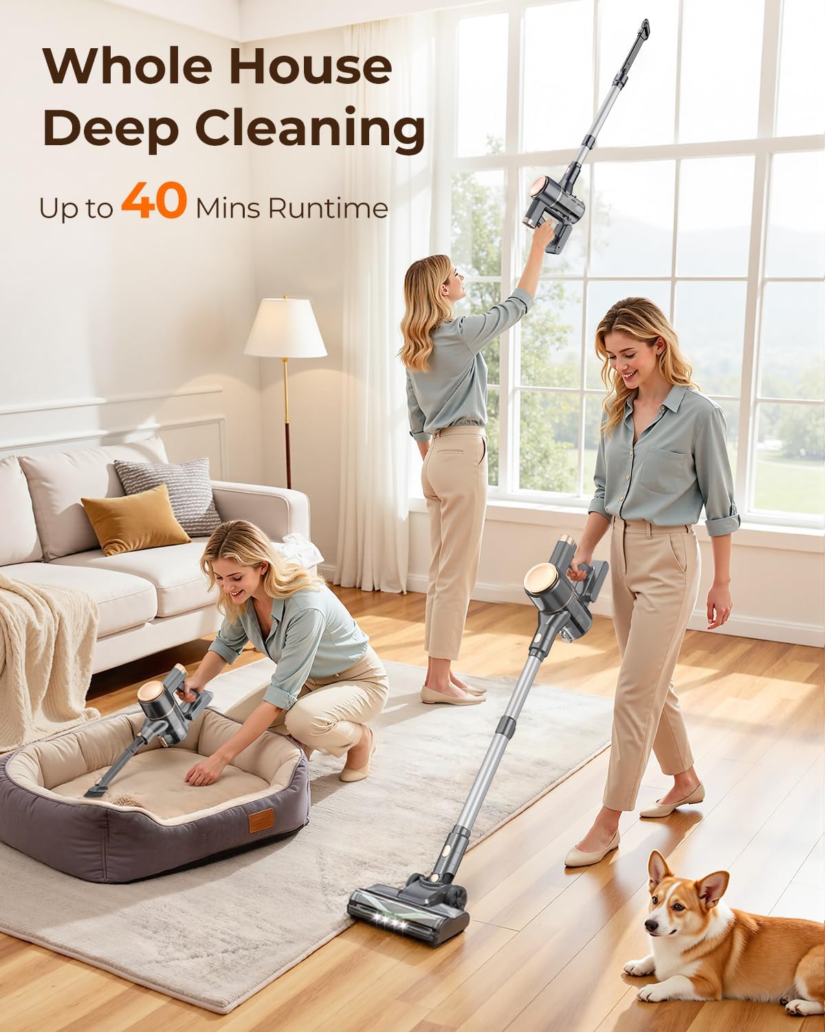 UML0 N8 Cordless Vacuum Cleaner,Lightweight Stick Vacuum with Powerful Suction,2200mAh Battery,40 Mins Runtime, Self-Standing,Rechargeable Vacuum Cleaners for Home Hardwood Floor Pet Hair