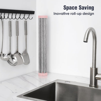 Tomorotec 17.7" x 15.5" Roll Up Dish Drying Rack Over Sink Drying Rack Sink Cover Kitchen Sink Accessories Gadget Multipurpose Organizer Foldable Stainless Steel Drainer (Grey)