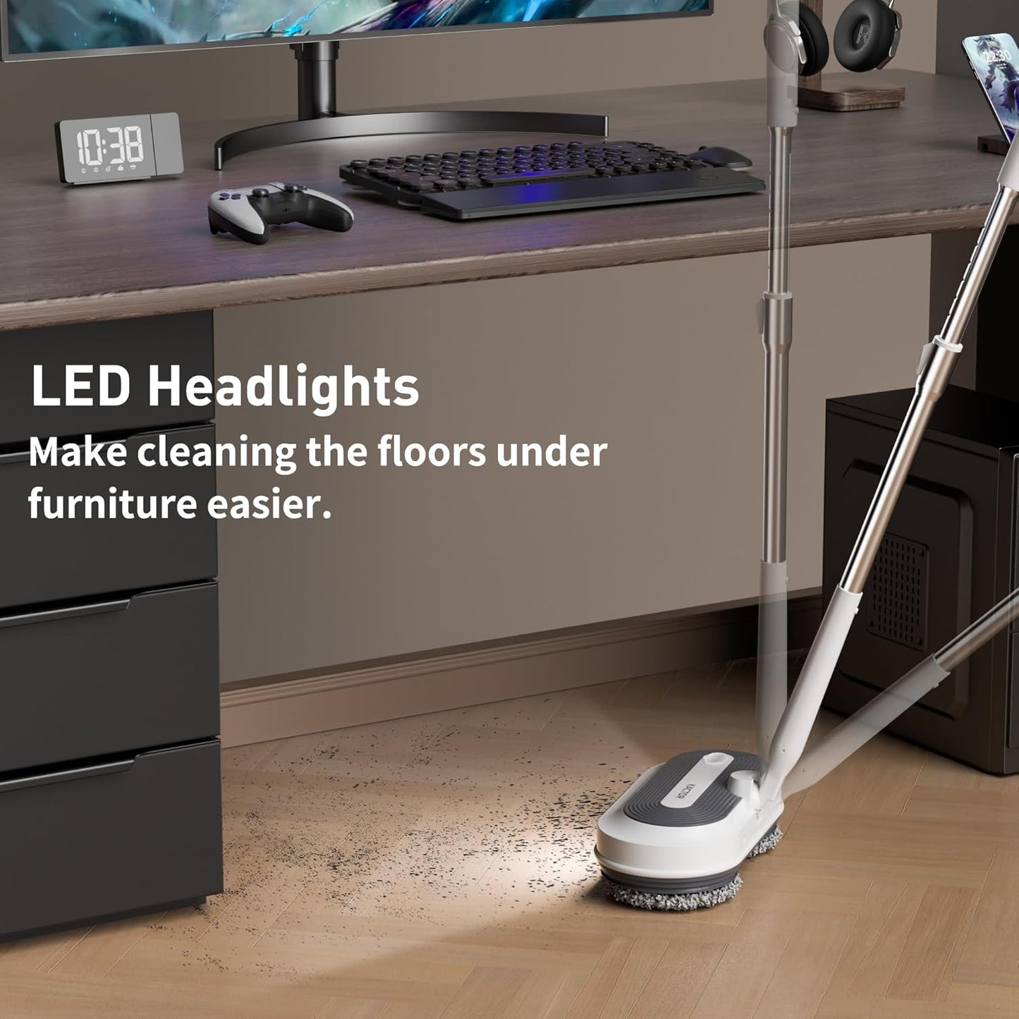 Cordless Electric Spin Mop, Electric Floor Cleaner with Water Sprayer & LED Headlight, 50mins Working Time, 290ml Water Tank, Adjustable Tube, Self-Propelled Multi-Surfaces Floor Mop for Home Cleaning