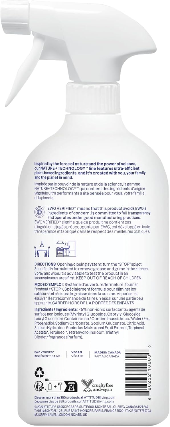 ATTITUDE Kitchen Cleaner Spray, EWG Verified, Degreaser Spray to Cut Grease & Grime, Plant-Based & Vegan, Citrus Zest Scent, 27.1 Fl Oz