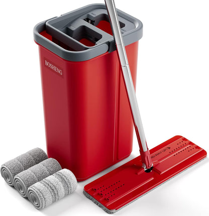 BOSHENG Mop and Bucket with Wringer Set, Flat Floor Mop and Bucket, with 3 Microfiber Mops for Floor Cleaning, Wet and Dry Use for Household Cleaning - White