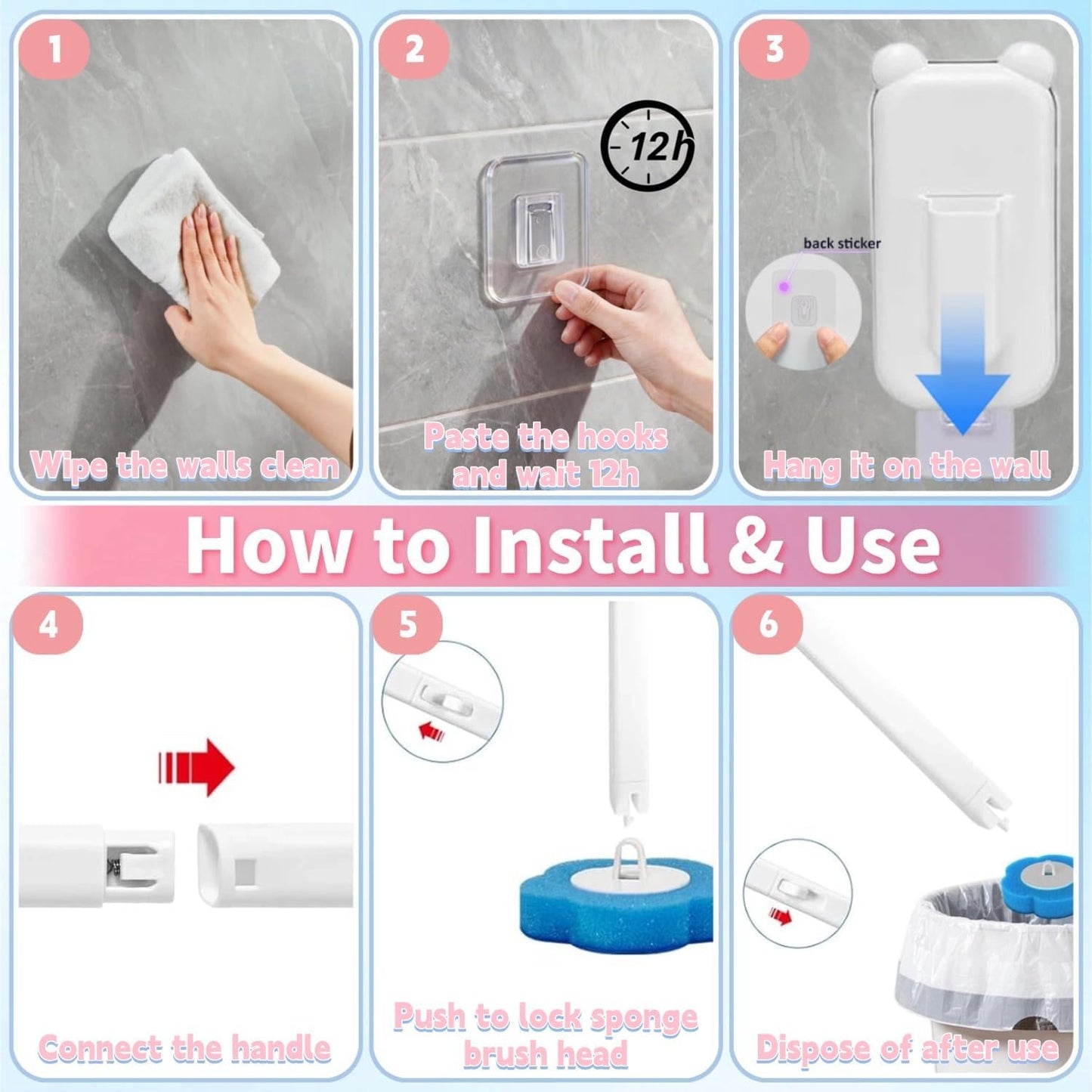 Disposable Toilet Brush,Toilet Bowl Brush with Holder,36 Refills Toilet Bowl Cleaner,Toilet Cleaning Supplies,Wall Mounted Toilet Wand Brush Kit for Cleaning and Bathroom Maintenance