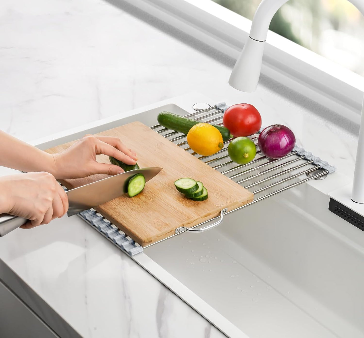 Tomorotec 17.7" x 15.5" Roll Up Dish Drying Rack Over Sink Drying Rack Sink Cover Kitchen Sink Accessories Gadget Multipurpose Organizer Foldable Stainless Steel Drainer (Grey)