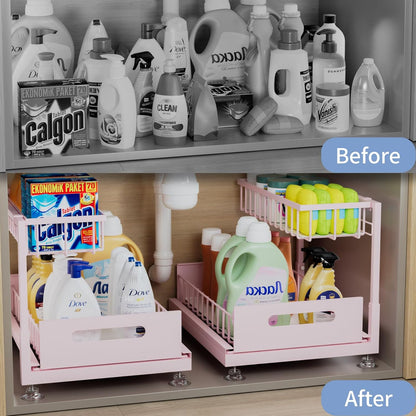 Saydear Under Sink Organizer Storage 2-Tier Premium Metal Pull-Out Kitchen Cabinet Organizer with Sliding Drawer, Height Adjustable, Heavy Duty for Kitchen & Bathroom Organizers 2 Pack Black