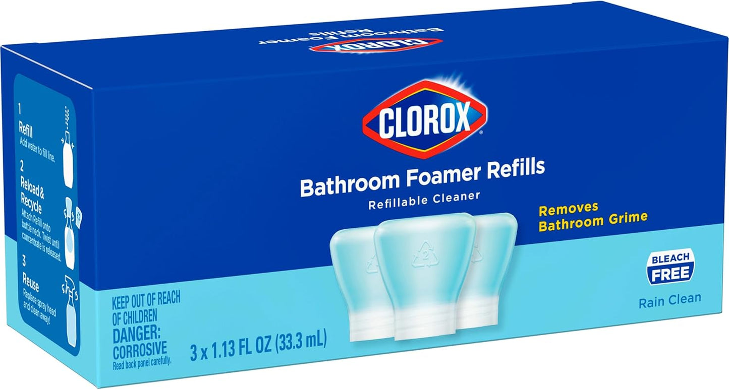 Clorox Bathroom Foamer Refillable Cleaner, Household Essentials, 1 Bottle and 3 Refill, Rain Clean, 1.13 Fl Oz