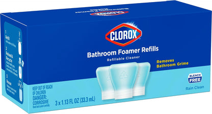 Clorox Bathroom Foamer Refillable Cleaner, Household Essentials, 1 Bottle and 3 Refill, Rain Clean, 1.13 Fl Oz