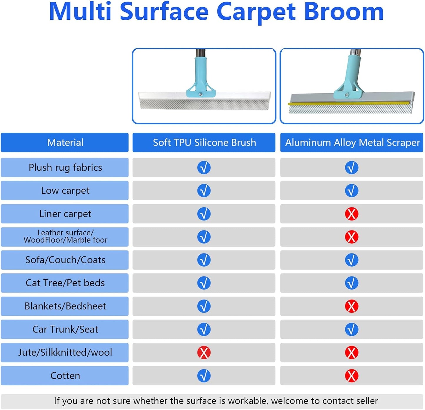 2 in 1 Carpet Rake for Pet Hair Removal Tool 54" Long Handle Rug Rake Dog Cat Hair Remover Broom with Dog Hair Grooming Glove Metal Pet Hair Removal Pro for Woodfloor Mat Stair Couch Car (Blue)