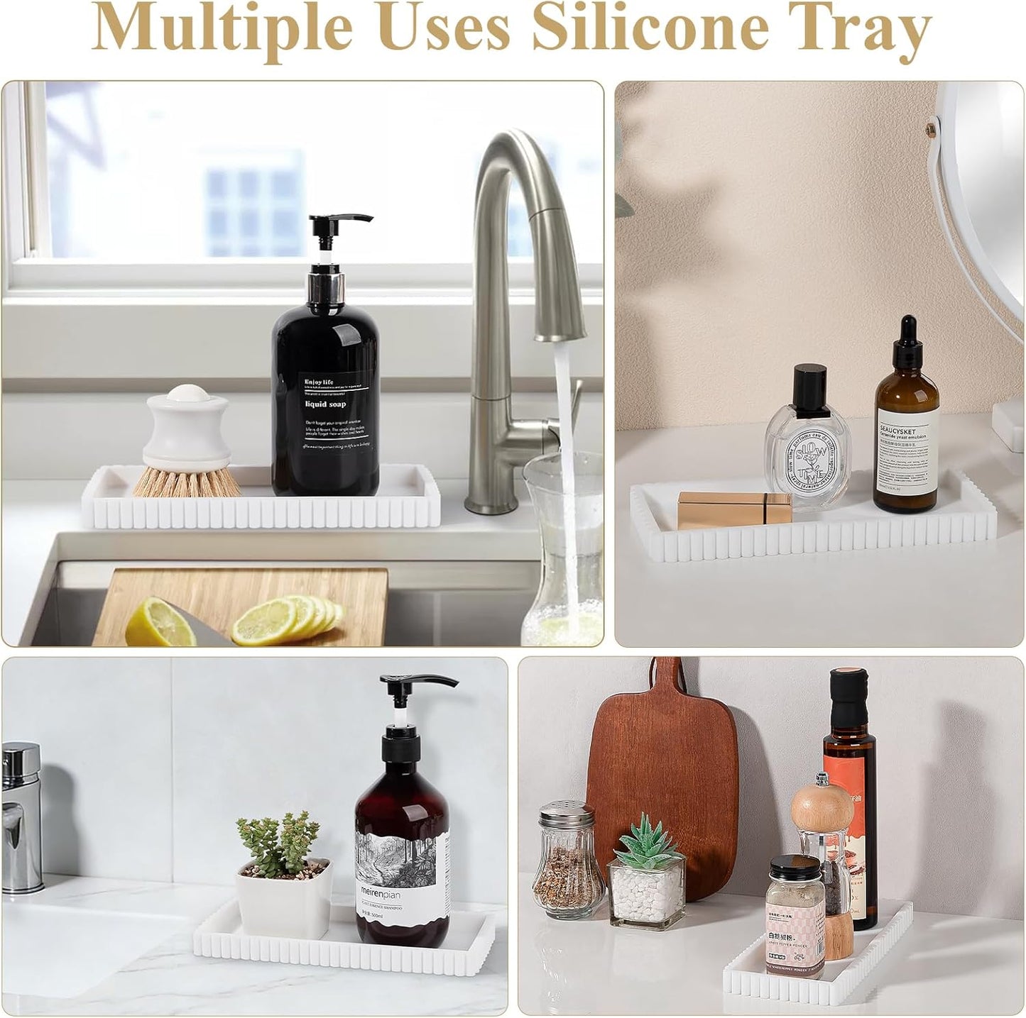 Silicone Bathroom Tray Small Vanity Organizer Rectangle Sink Caddy Sponge Holder Kitchen Counter Decor for Dish Soap, Perfume, Candle, Beige