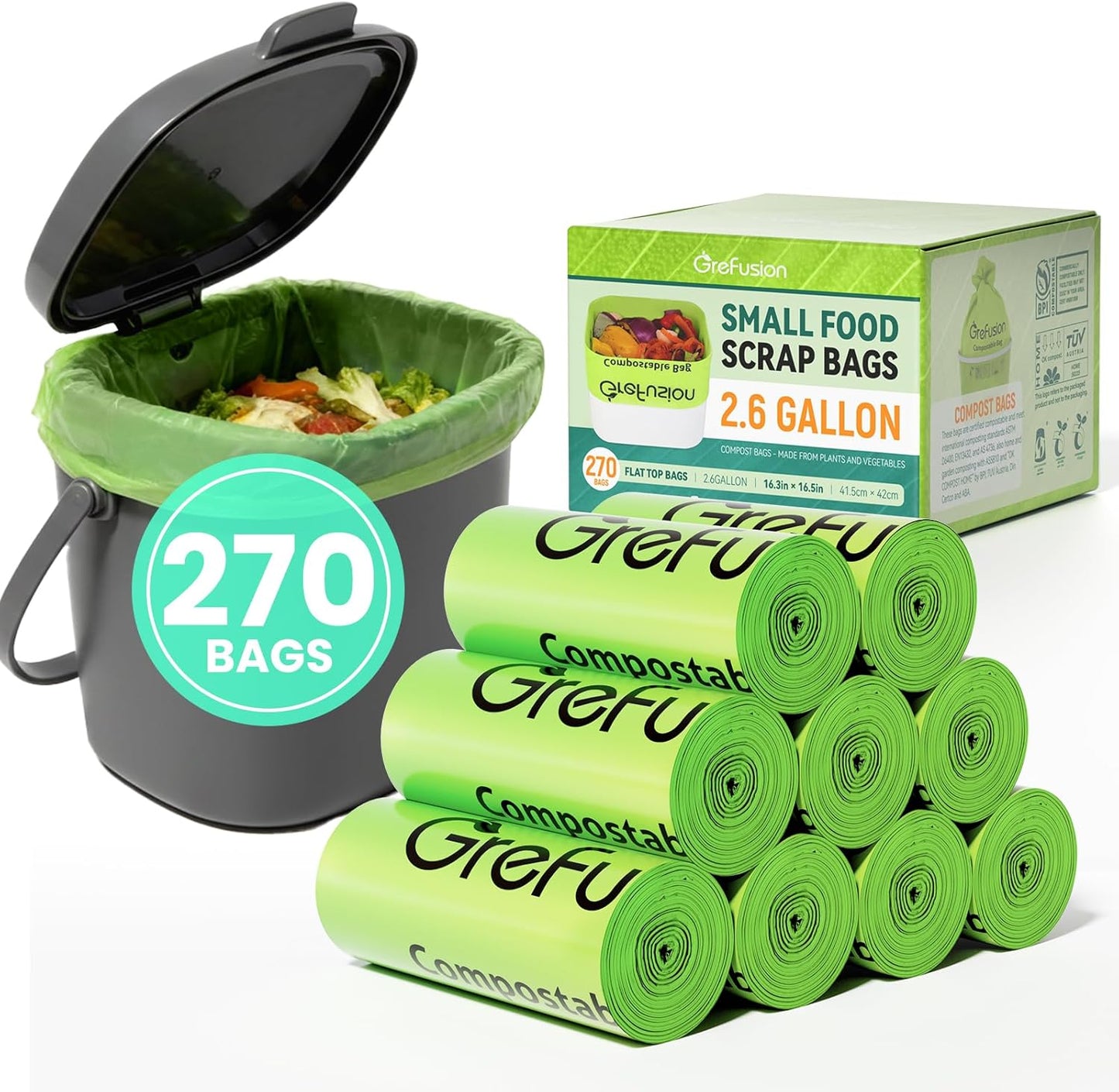 GreFusion Compostable Bags 1.2 Gallon,125 Count, Fits 0.75,1,1.2,1.3,1.6,1.8 Gallon Countertop Bin, Small compost bags, Certified by BPI, ASTM D6400 and OK Compost