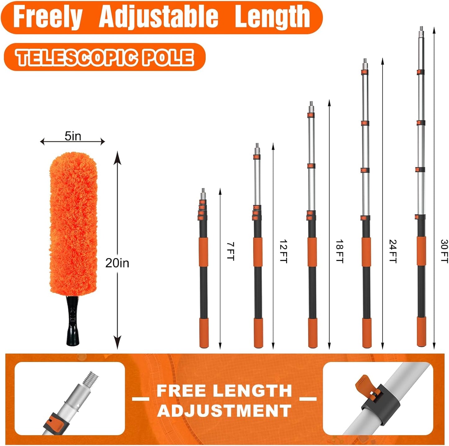 SISUPASSIE 30FT Reach High Ceiling Duster Kit, Window Cleaning kit with 5-24FT Extension Pole, Fan Duster for Ceiling Fan Blades, Microfiber Feather Duster, Rotatable Window Squeegee and Cobweb Duster