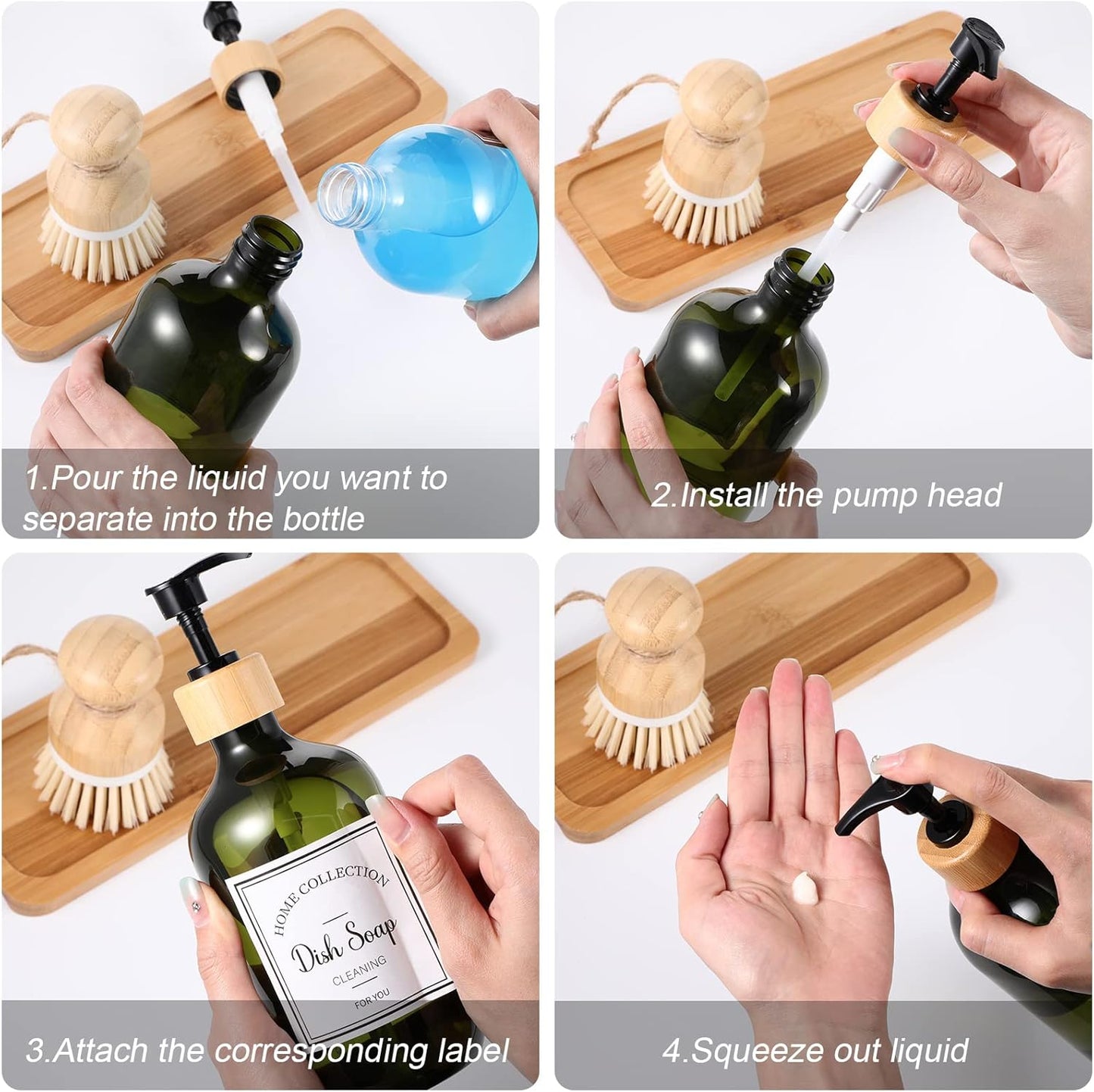 Zopeal 4 Pcs 16 oz Kitchen Soap Dispenser Set with Bamboo Tray and Dish Brush Plastic Soap Dispenser Set with Waterproof Labels for Hand Dish Lotion(Frosted Black)