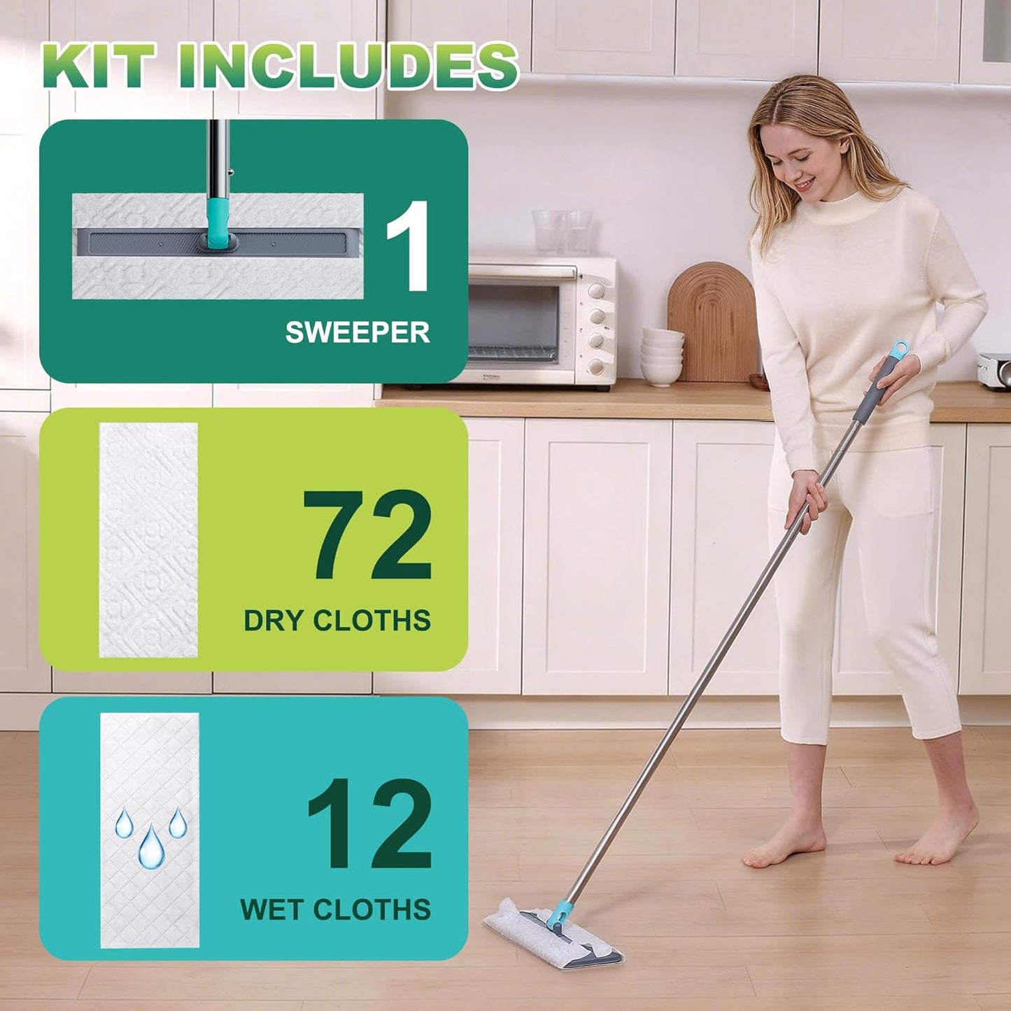 JOYMOOP Sweeper Mop Kit for Floor Cleaning, 36 Pcs Dry Cloth Refills (Unscented) + 6 Pcs Wet Cloth Refills (Lemon Scent) – Wet and Dry Mop for Pet Hair and Dust, Turquoise-Cyan + Muted Grey
