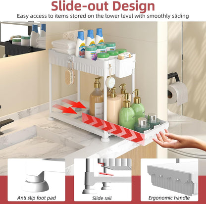 Sevenblue 4 Pack Under Sink Organizer, Bathroom Organizers and Storage, 2 Tier Multi-Use Pull Out Cabinet Organizer with Hang Hooks and Cups (Black, 4 Pack)