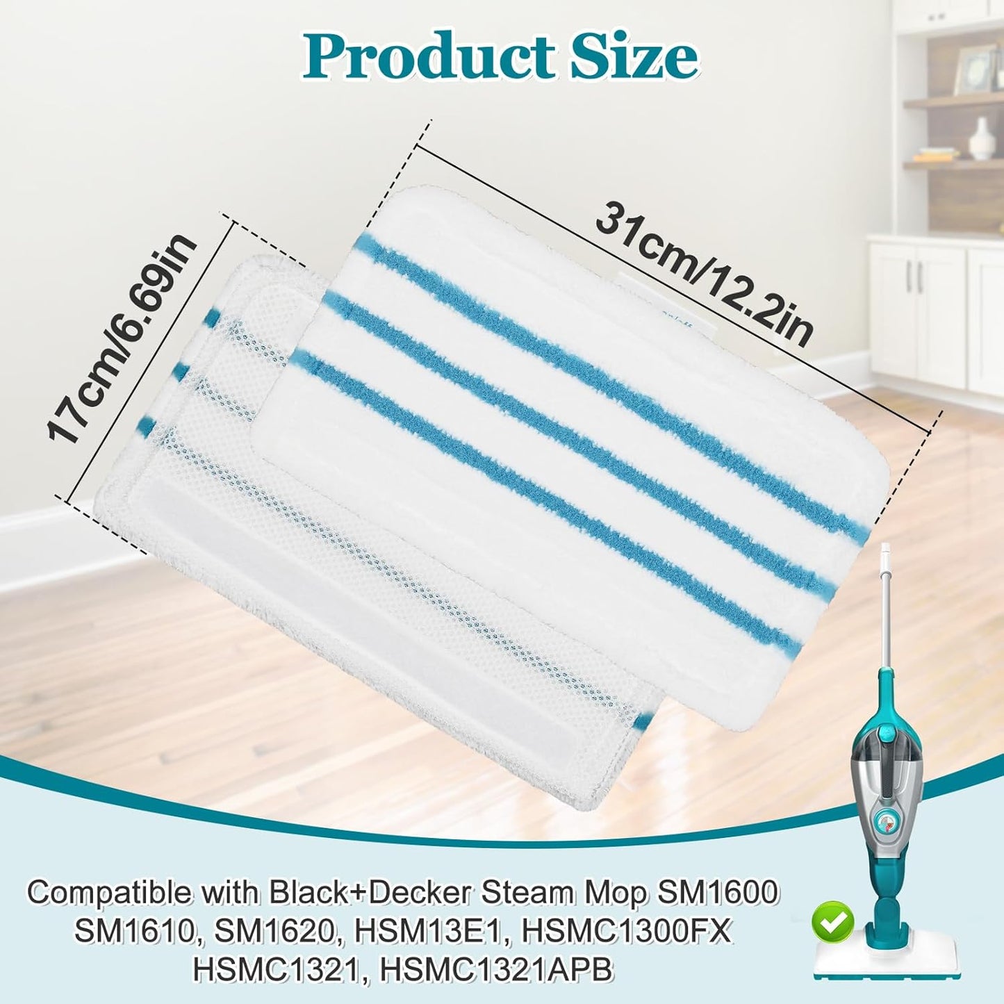 4Pack Steam Mop Pads Replacement for Black+Decker Steam Mop SM1600, SM1610, SM1620, HSM13E1, HSMC1300FX, HSMC1321, HSMC1361SG Cleaner Black and Decker Steam Mop Replacement Pads