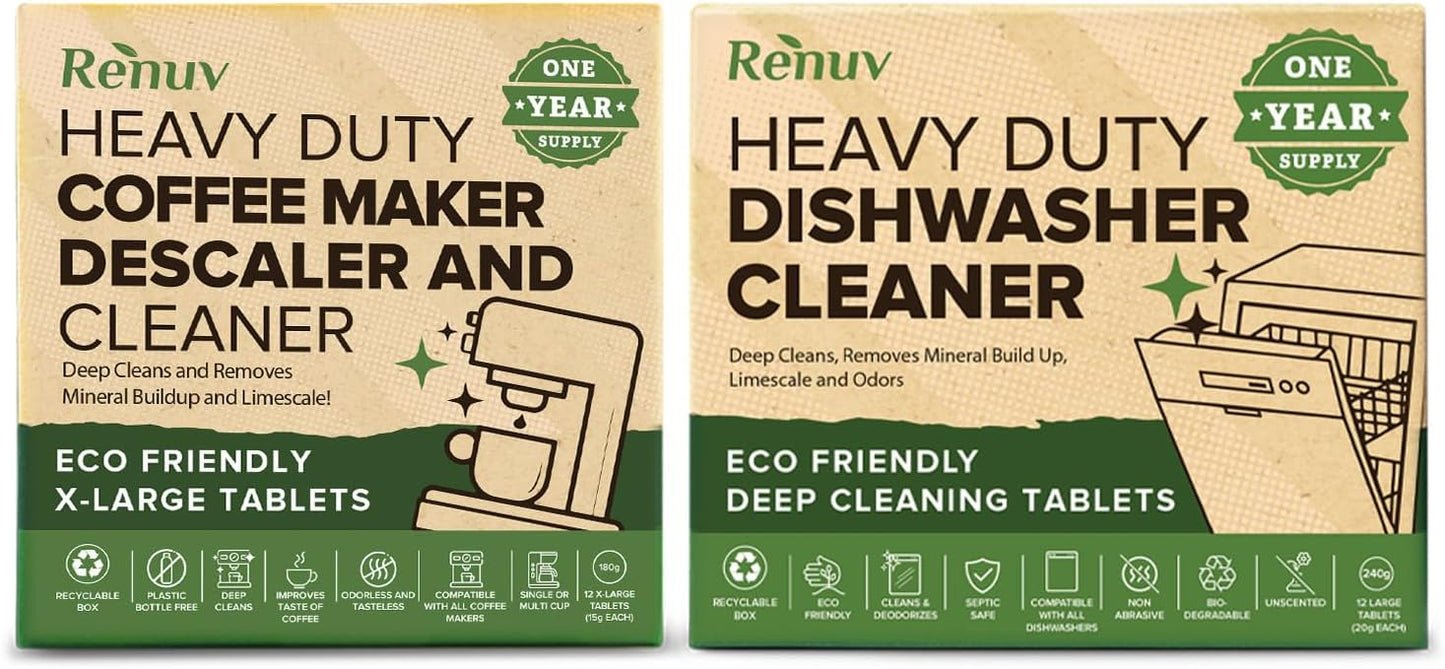 Renuv® Heavy Duty Dishwasher Cleaner & Deodorizer Tablets, Descaler, Deep Cleaning, Natural Odor & Smell Remover, Calcium, Limescale, Hard Water Marks, Grease, Septic Safe Pods (12 Tabs 1 Yr Supply)